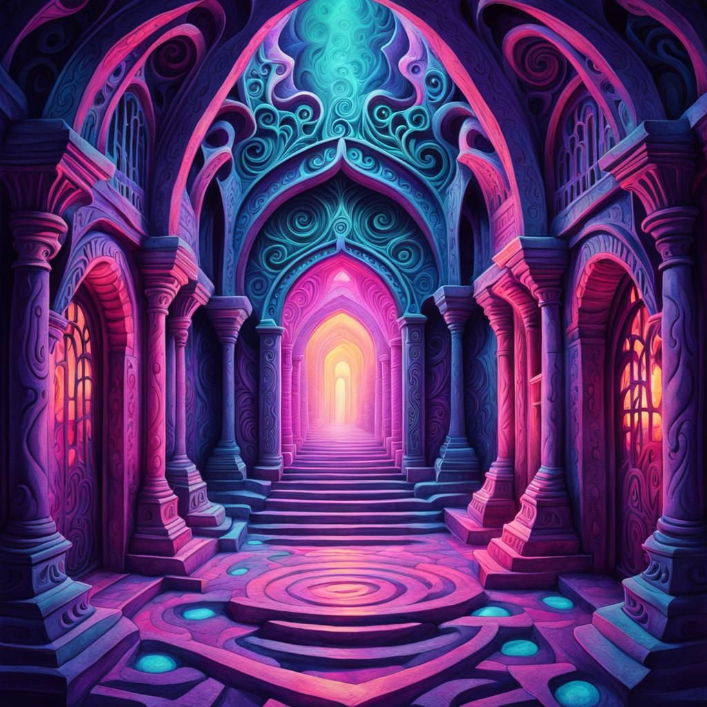 Haunted Dungeon Passage in Psychedelic Watercolor