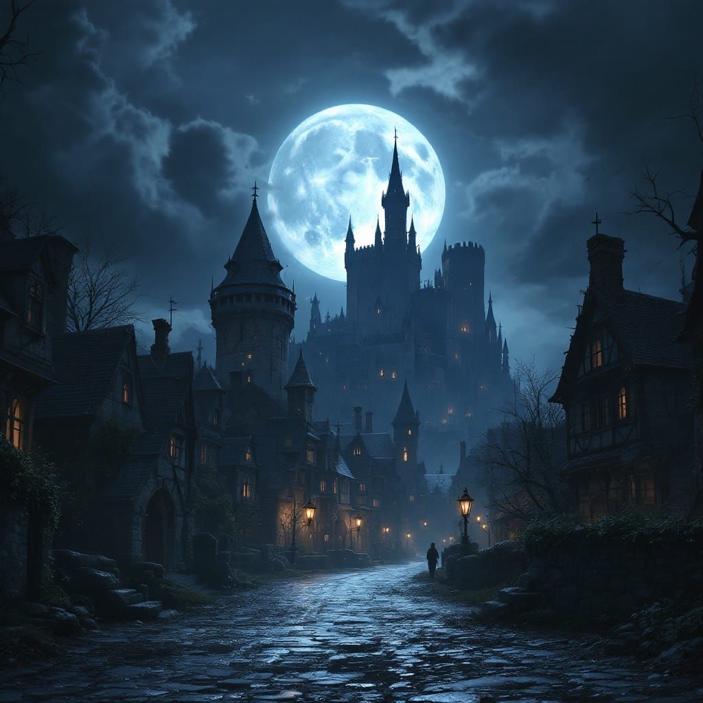 Medieval Town Under Full Moon in Epic Digital Painting