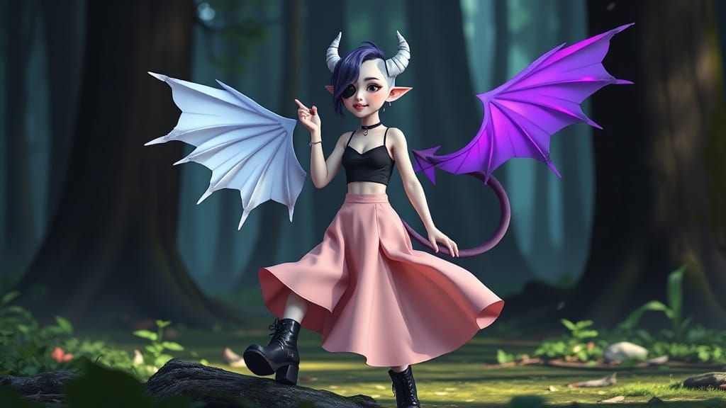 Tiefling Teen in Anime Style with Mismatched Wings