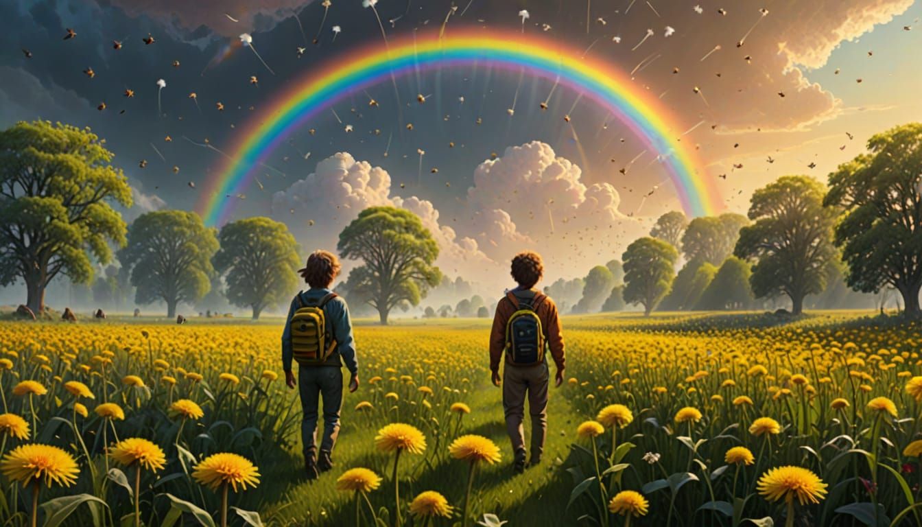 Surreal Dandelion Landscape with Giant Bees and Rainbow Ligh...