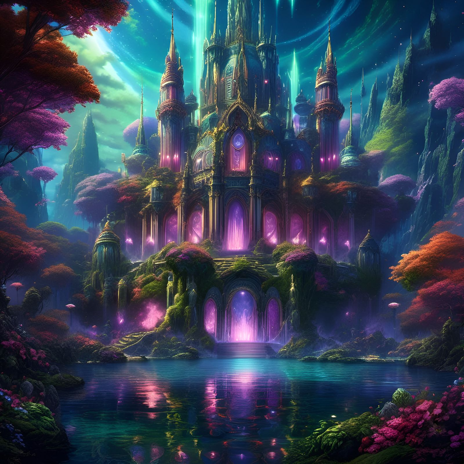 Underwater Castle with Aurora Reflection in 3D Game Style