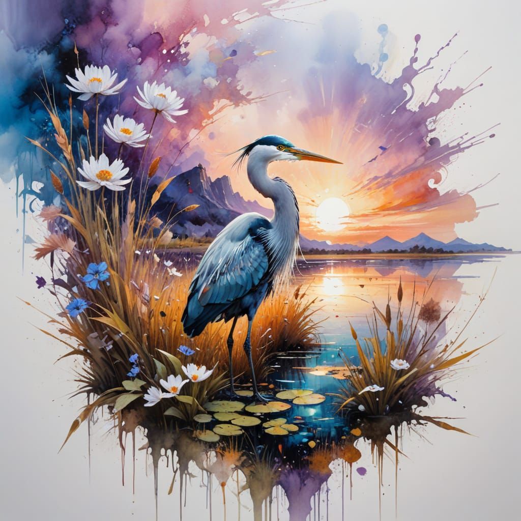 Serene Marshland Heron at Twilight