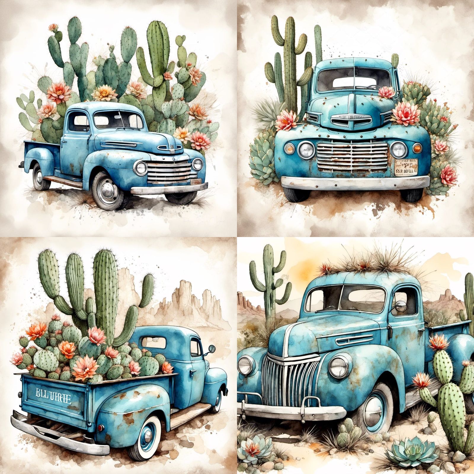 1950s Blue Ford Truck with Desert Flora Illustration