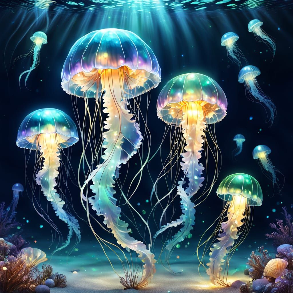 Opalescent Jellyfish in Shimmering Glitter Ocean