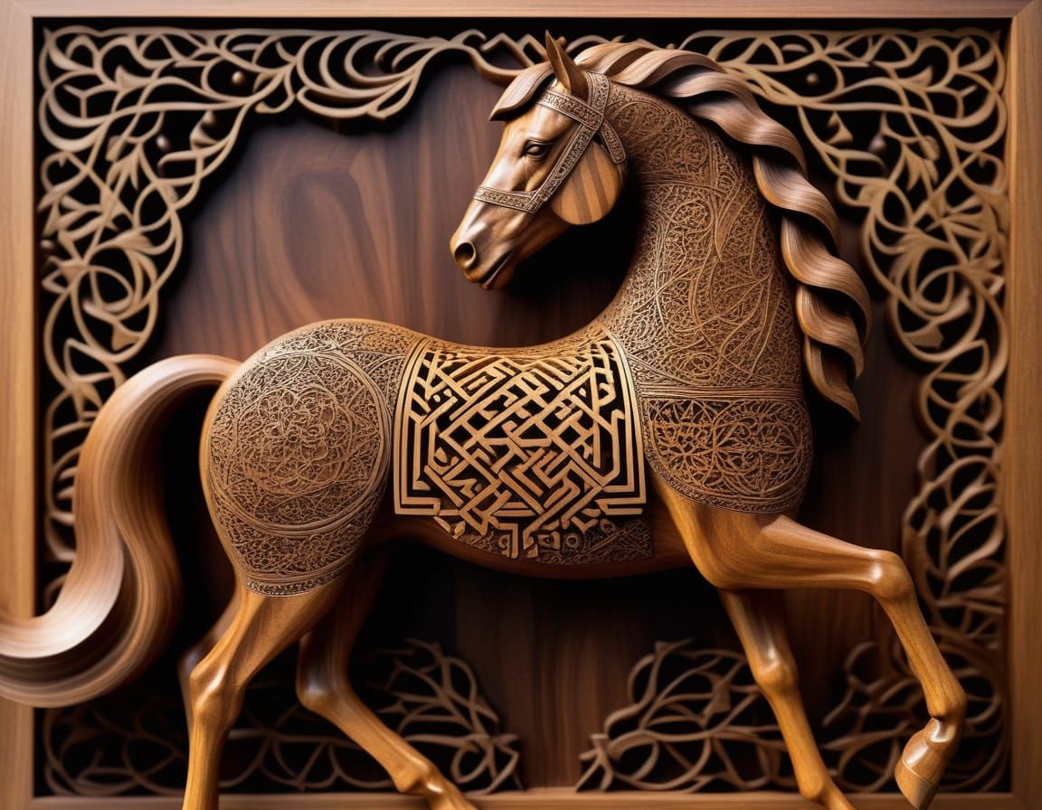 Intricate Walnut Wood Sculpture with Islamic Geometric Patte...