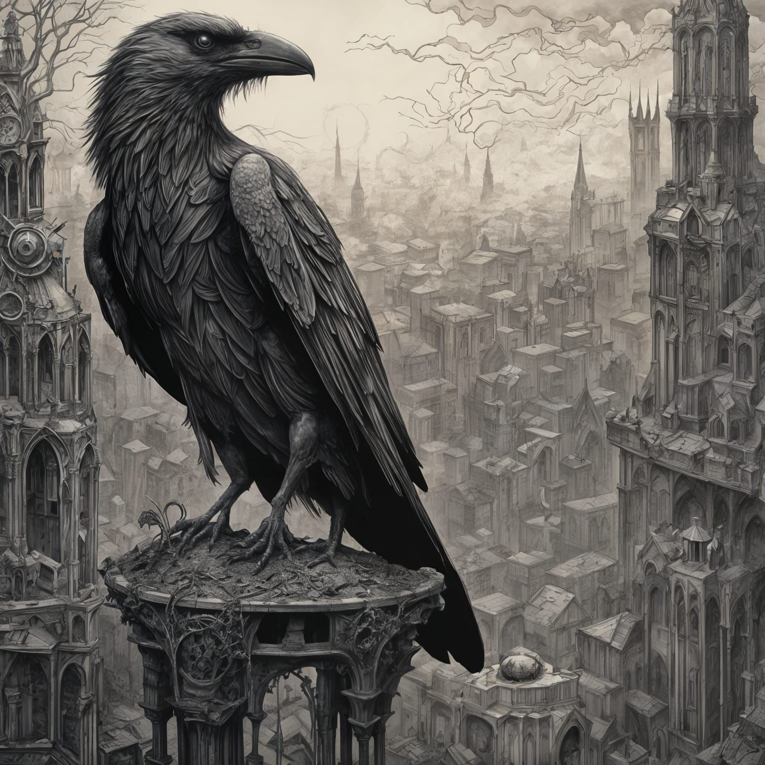Brass Clockwork Crow on Gargoyle Over Gothic City