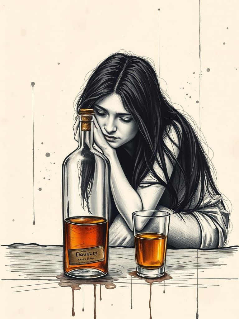 Melancholic Woman in Charcoal Sketch Style