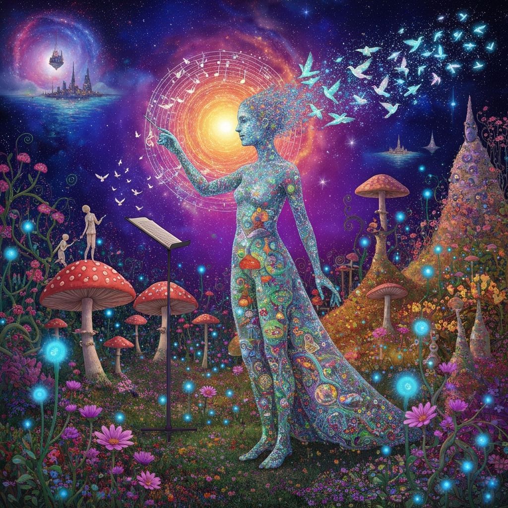 Ethereal Conductor Transforms into Musical Notes and Birds