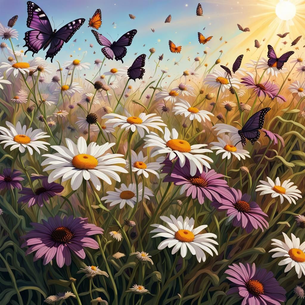 Daisies and Coneflowers with Butterflies in Sunlight