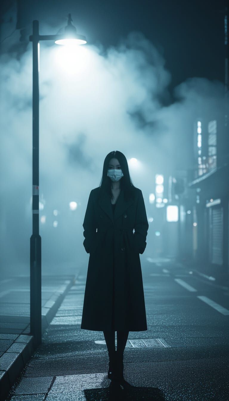 Eerie Woman in Mask Under Flickering Streetlight