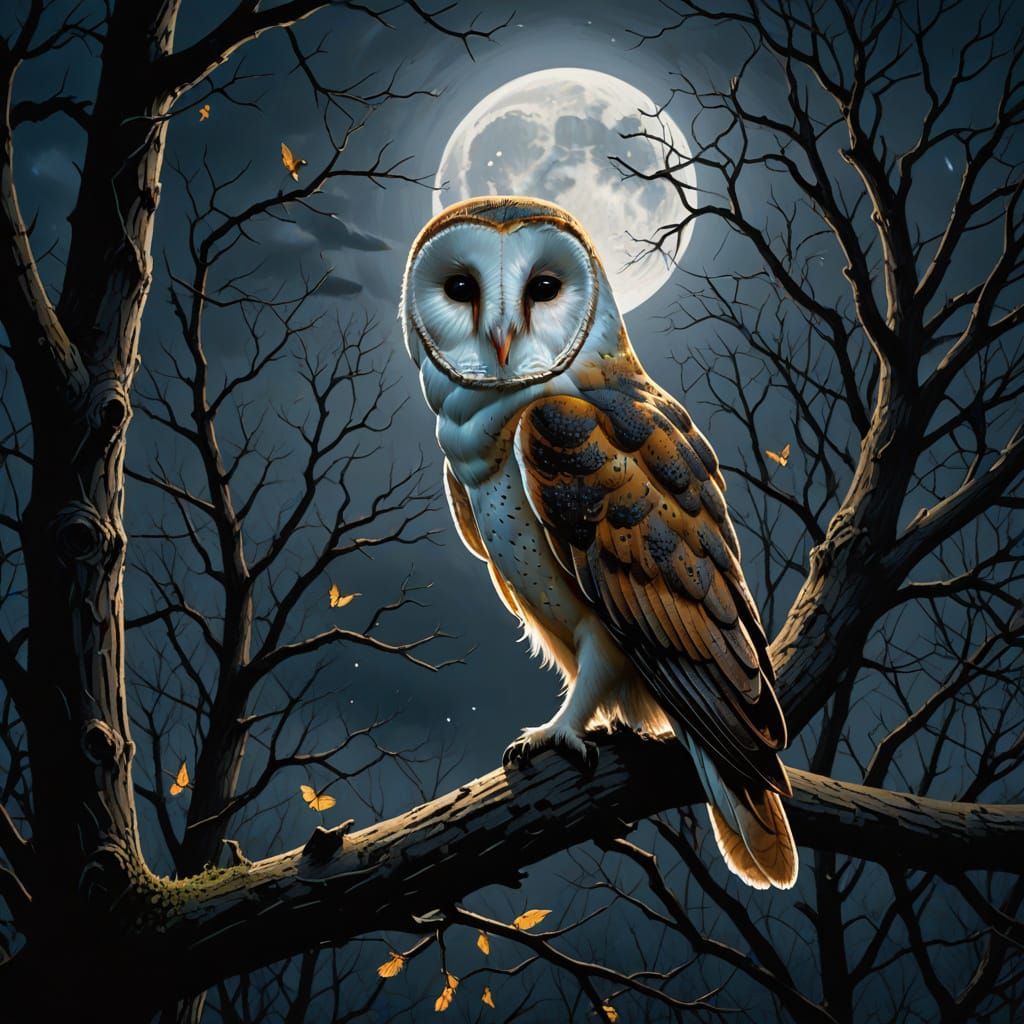 Ominous Barn Owl in Dark Twilight Scene