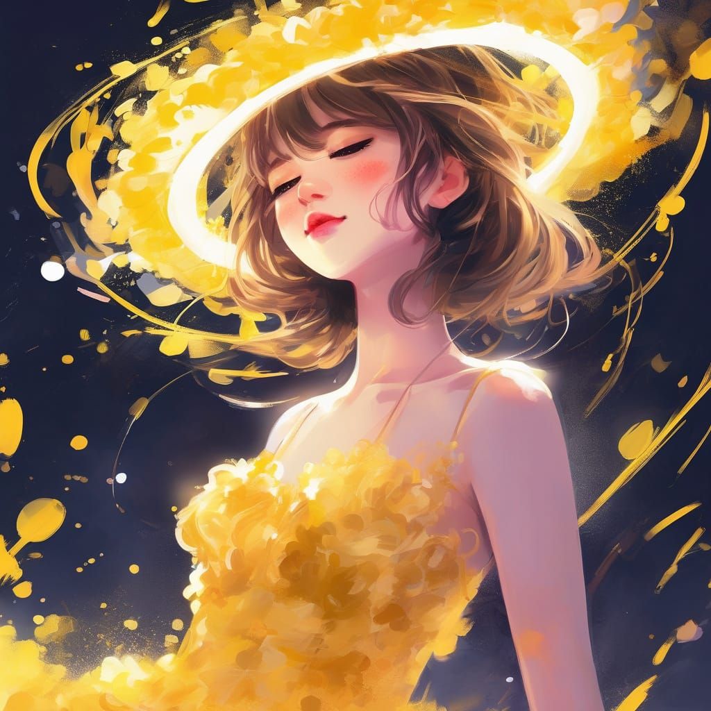 Dreamlike Anime Girl with Golden Halo and Vibrant Gown