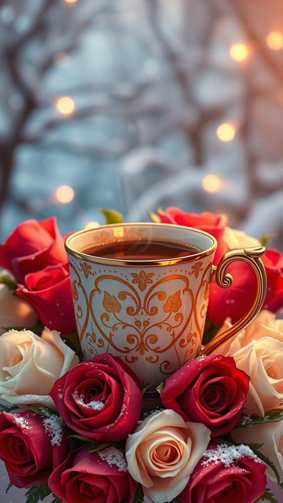 Luxurious Winter Coffee Scene with Roses and Twinkling Light...