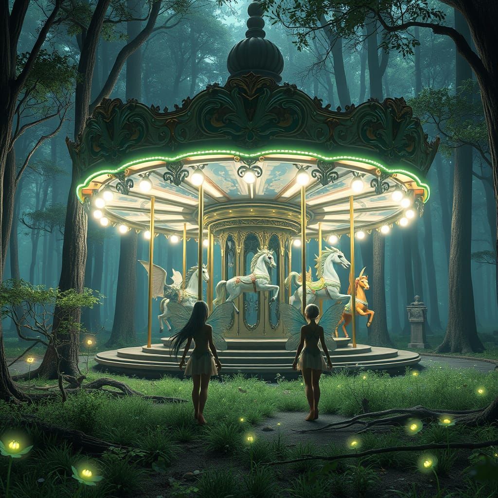 Fairies Before Abandoned Carousel in Bioluminescent Forest