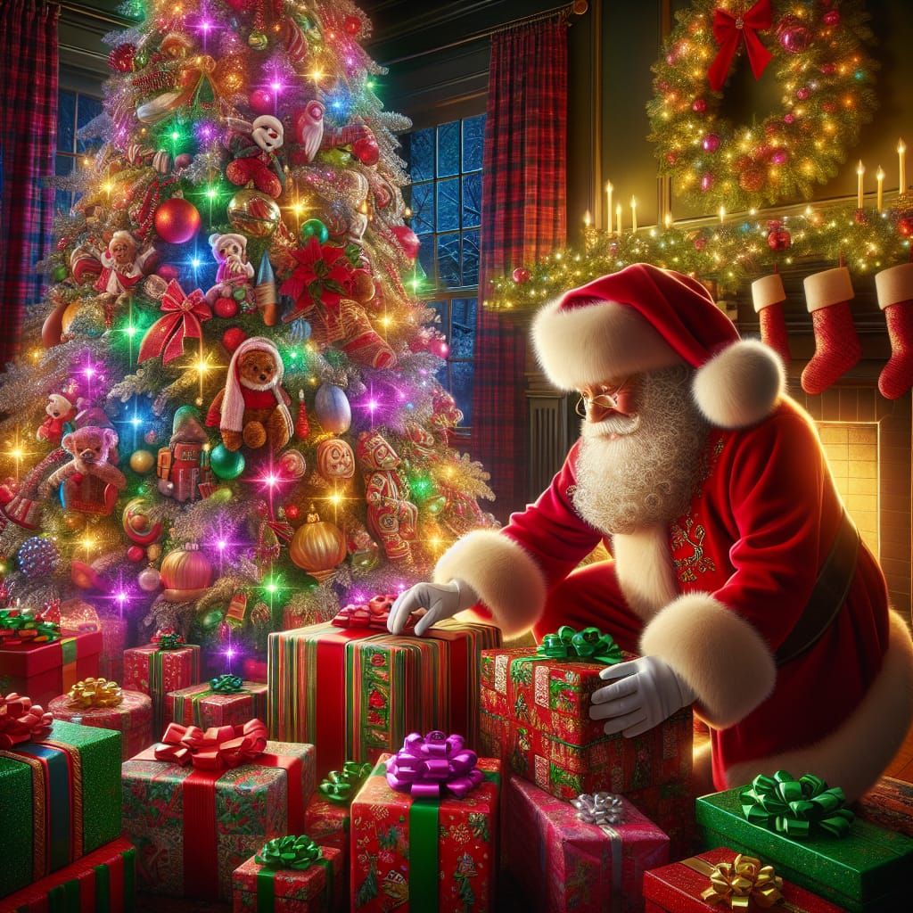 Jolly Santa Claus Arranges Christmas Presents in a Festive W...
