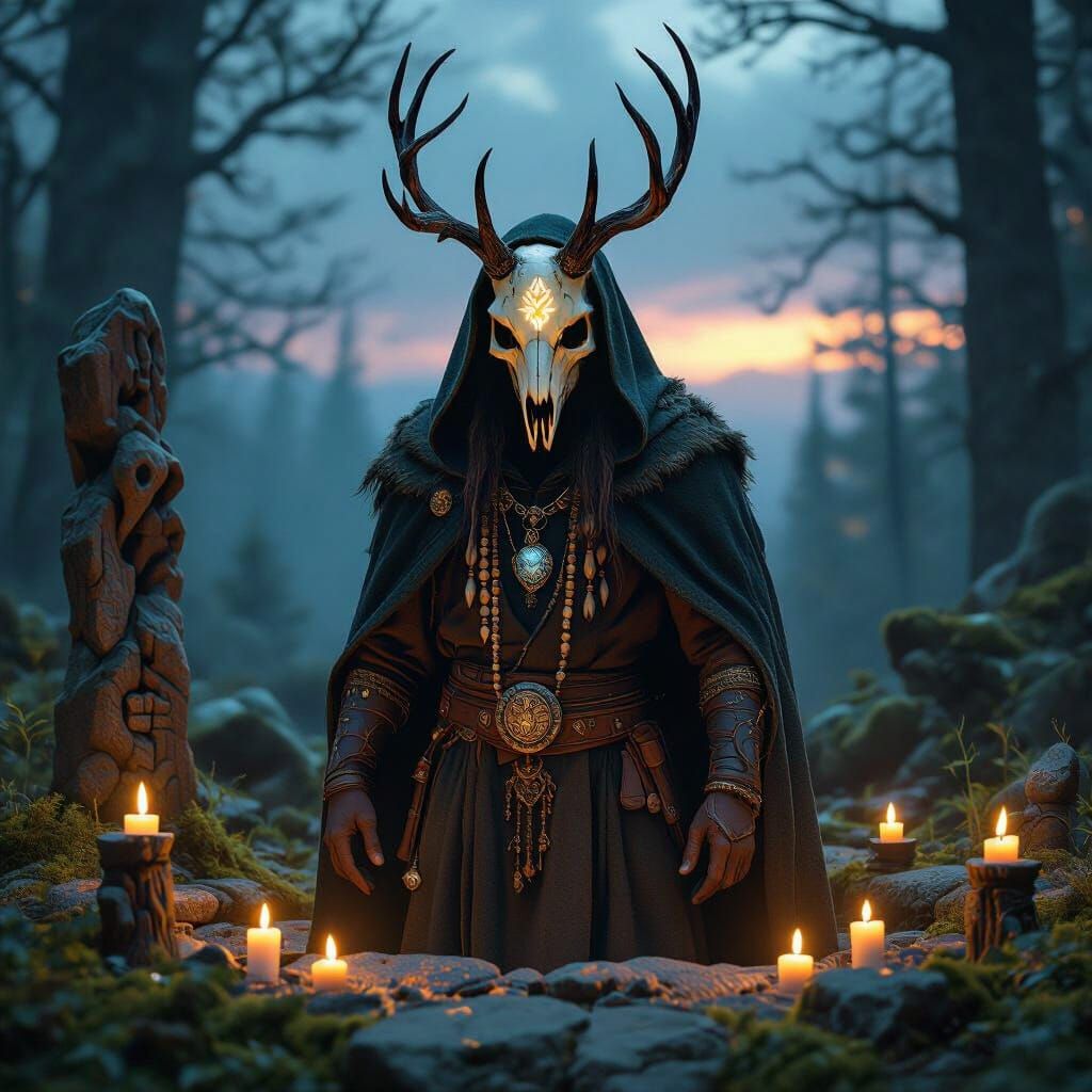 Druid in Deer Skull Mask in Ancient Forest