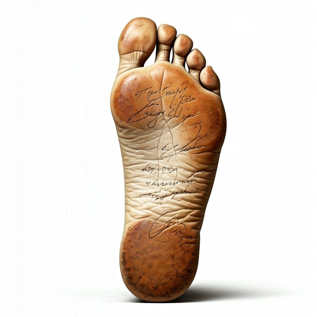 Aged Foot Sole with Scribbled Notes and Doodles in Surrealis...