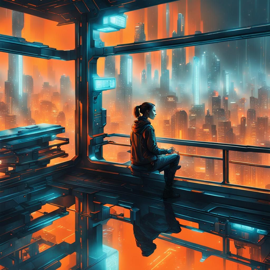 Cyberpunk Hospital Overlooking Neon Dystopian Cityscape