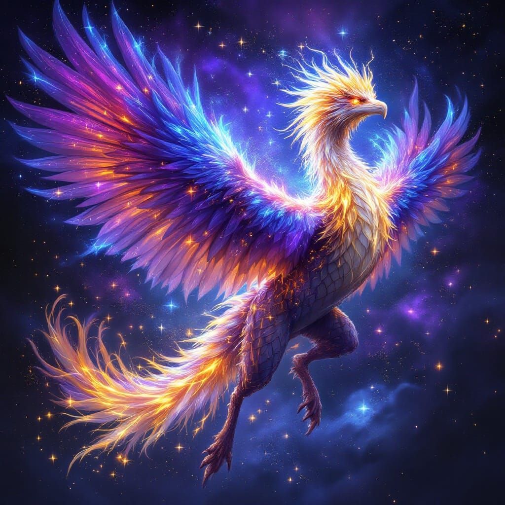 Ethereal Phoenix-Wyvern Hybrid soars through the Cosmos