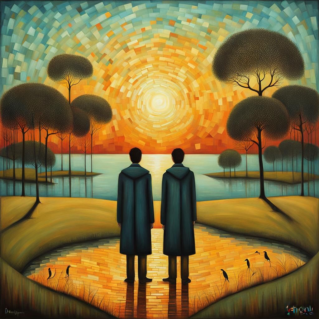 Friends Watching Sunset in Art Brut Style