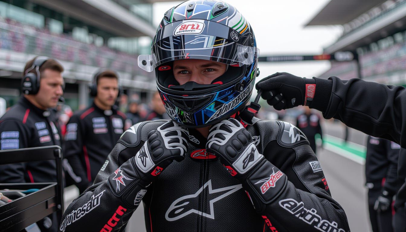 Racer's Hands Tightening Helmet Strap in Pit Stop