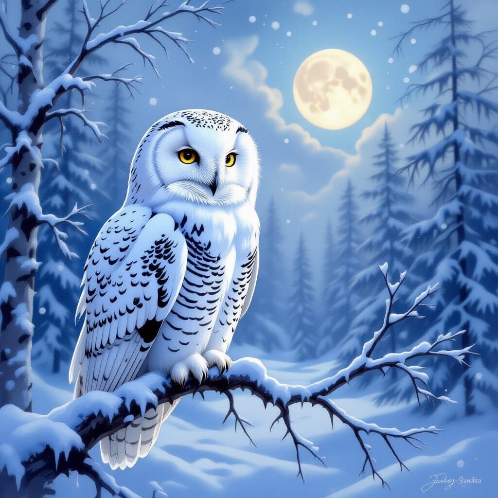 Majestic Snowy Owl in Moonlit Winter Forest, Painterly Reali...