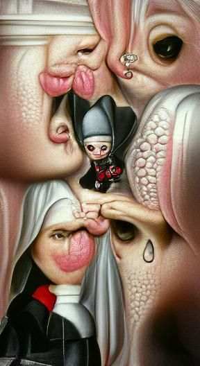 Nun Kissing Devil in Church: Hyperrealistic Illustration