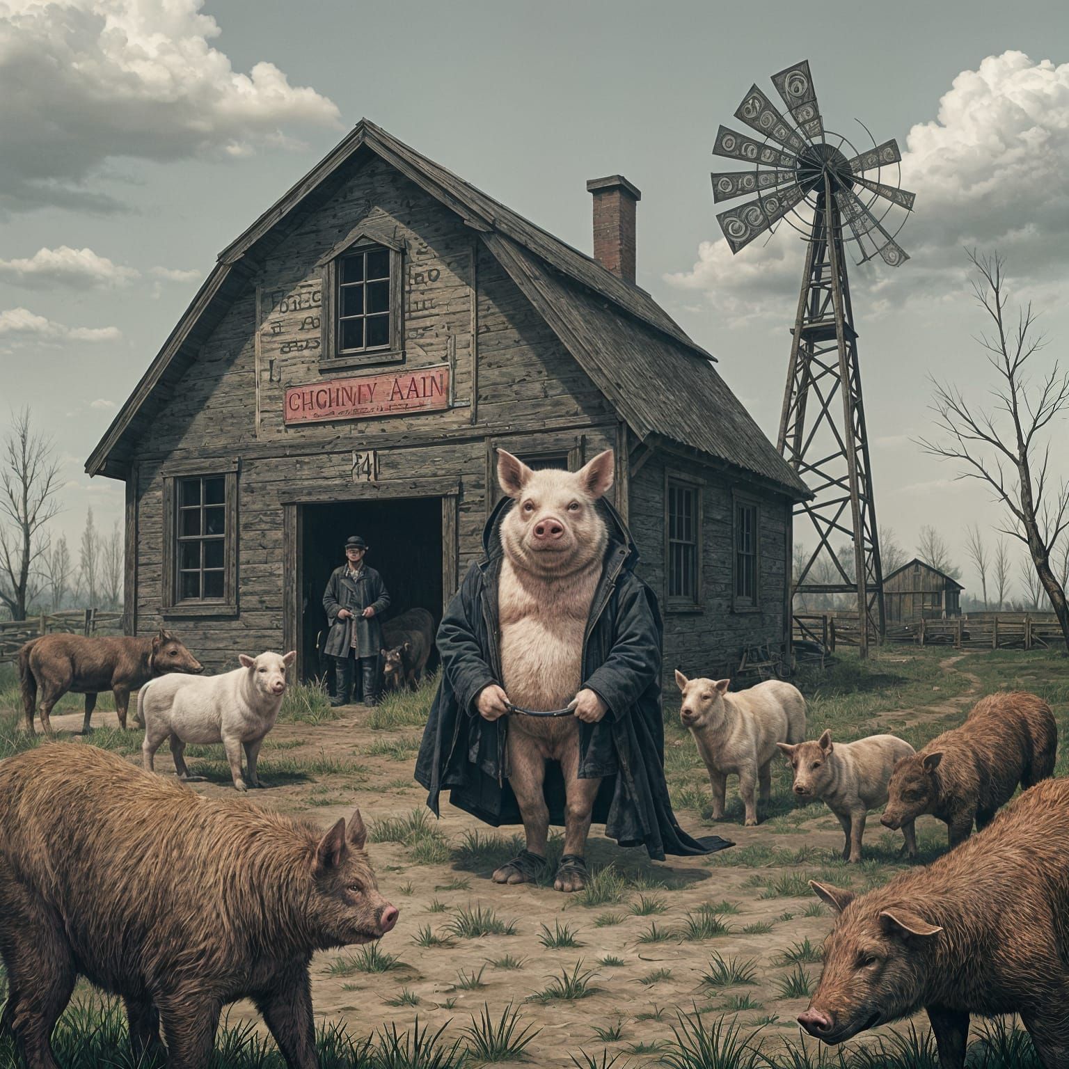 Animal Farm: Dark Allegorical Illustration of Power and Corr...