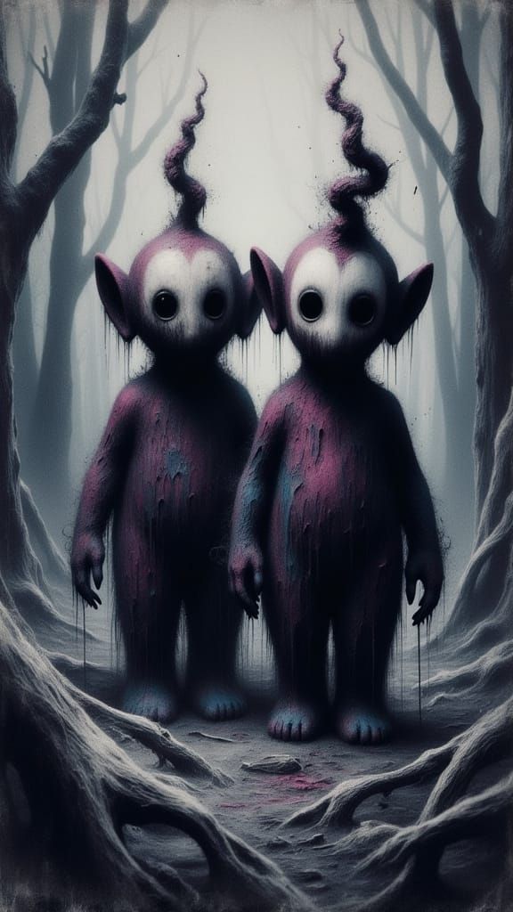 Twisted Teletubbies Haunt a Desolate Landscape