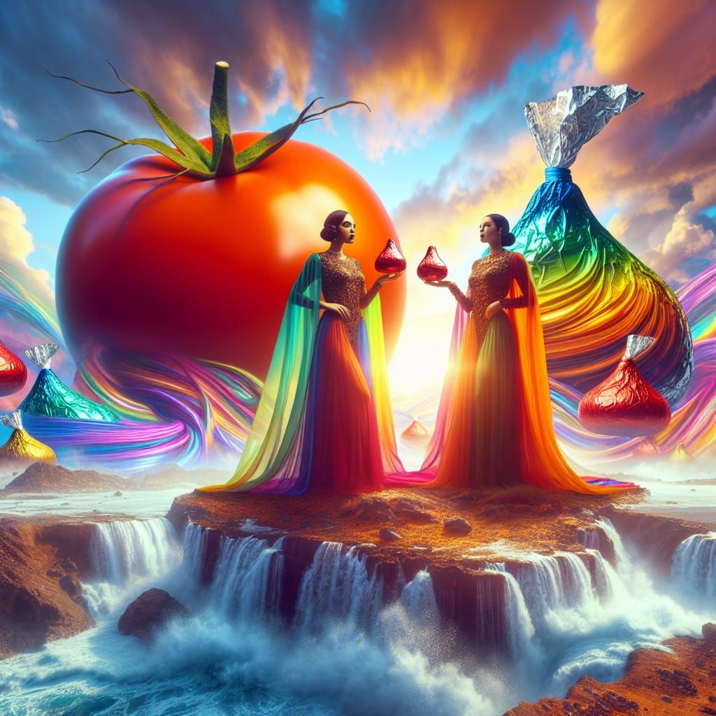 Luminous Tomato Guarded by Giant Women at Sunrise