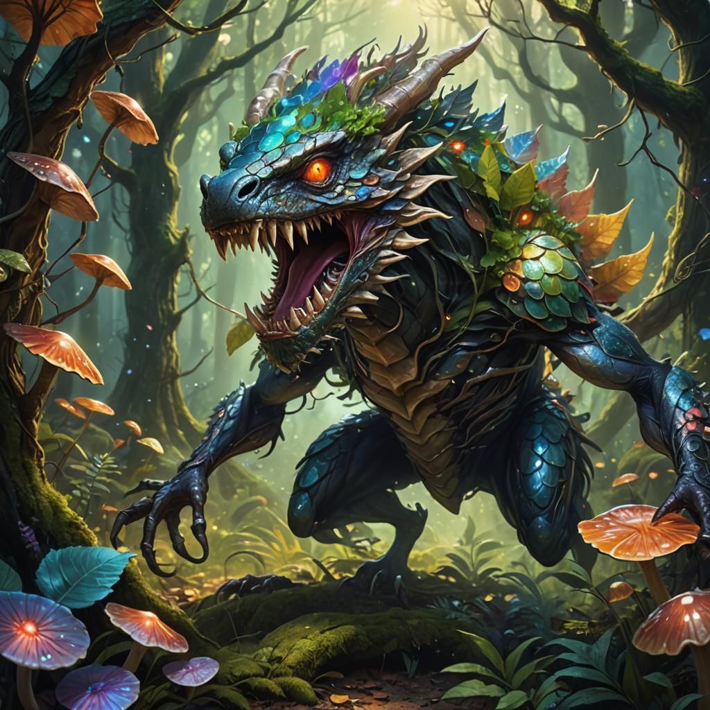 Mystical Forest Creature Attacks, Detailed Matte Painting