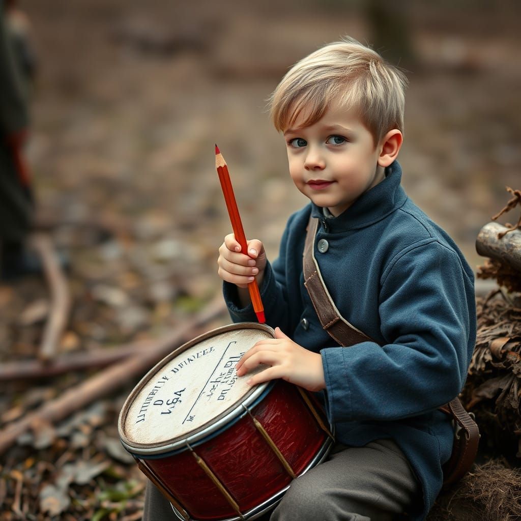 Civil War Drummer Boy in War Zone, Beat Drum with Pencils