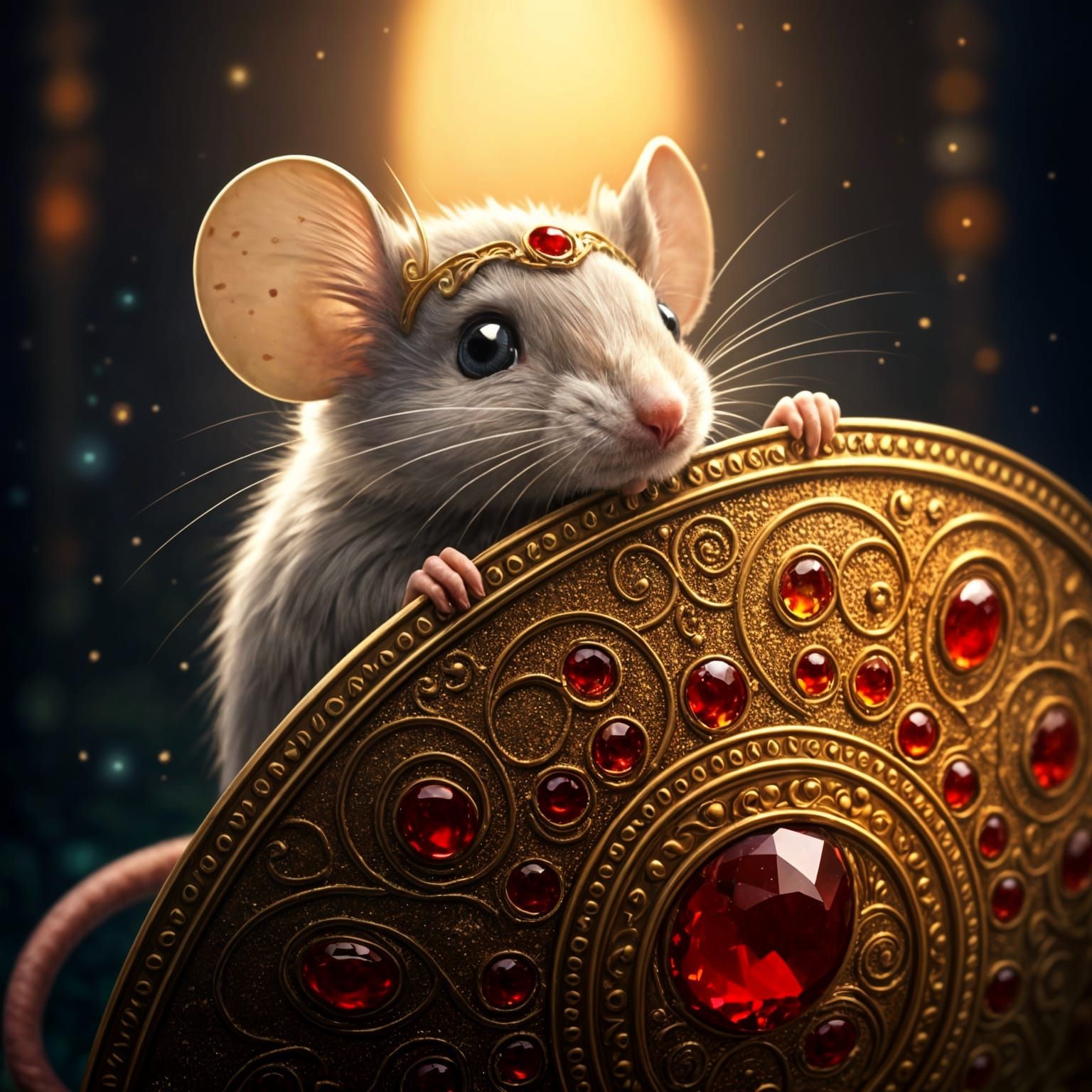Luxurious Golden Shield with Hidden Mouse in Whimsical Sunse...