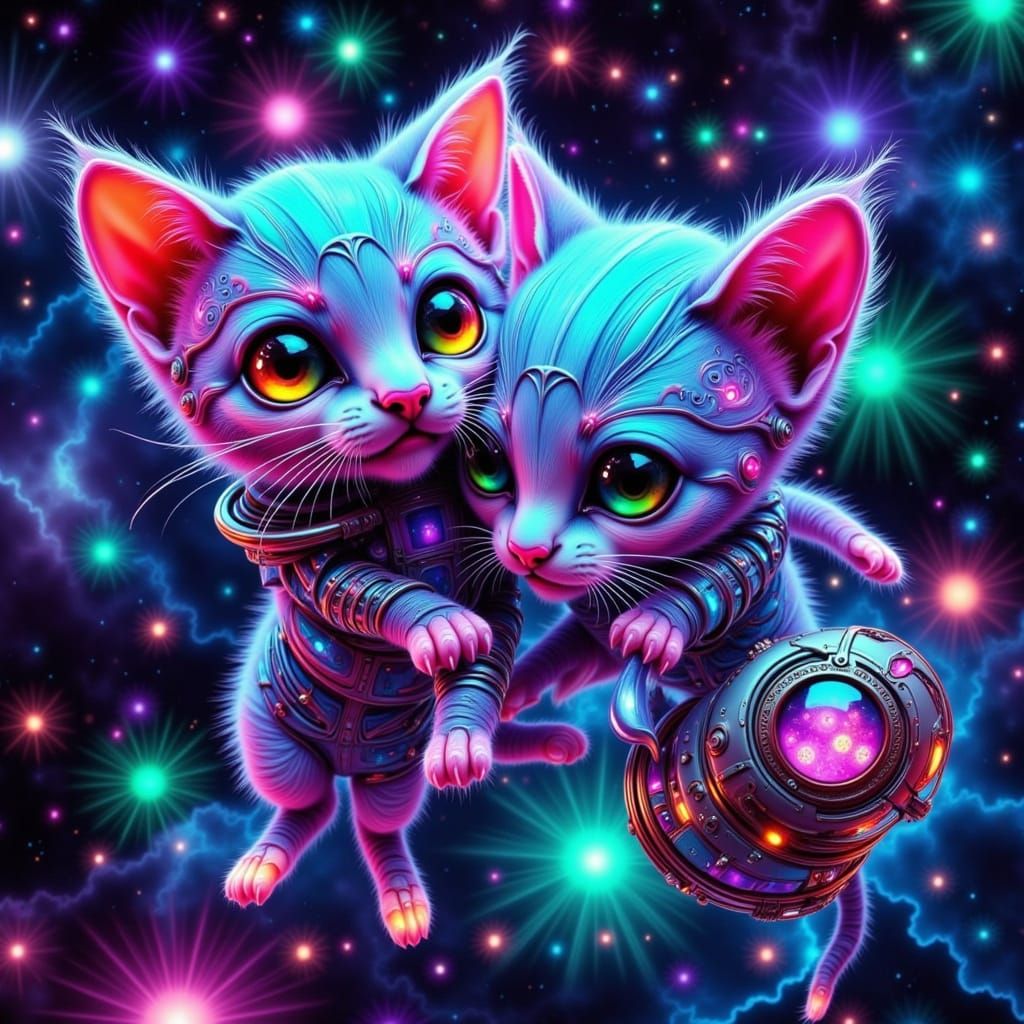 Neon Cybernetic Cats in Cosmic Expanse