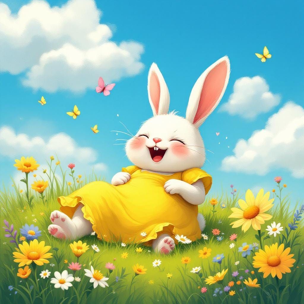 Joyful Cartoon Bunny Rolling in a Field of Flowers