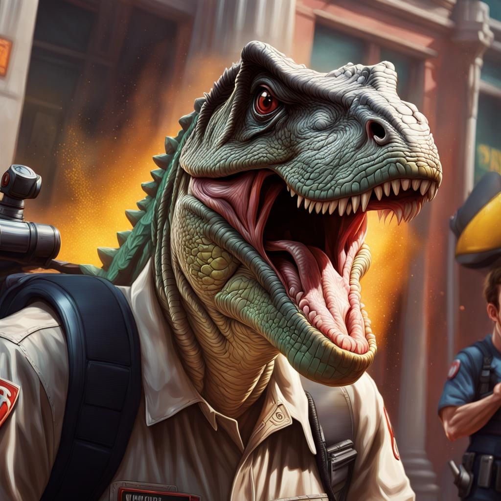 Hyperrealistic Dinobusters Concept Art with Dramatic Lightin...