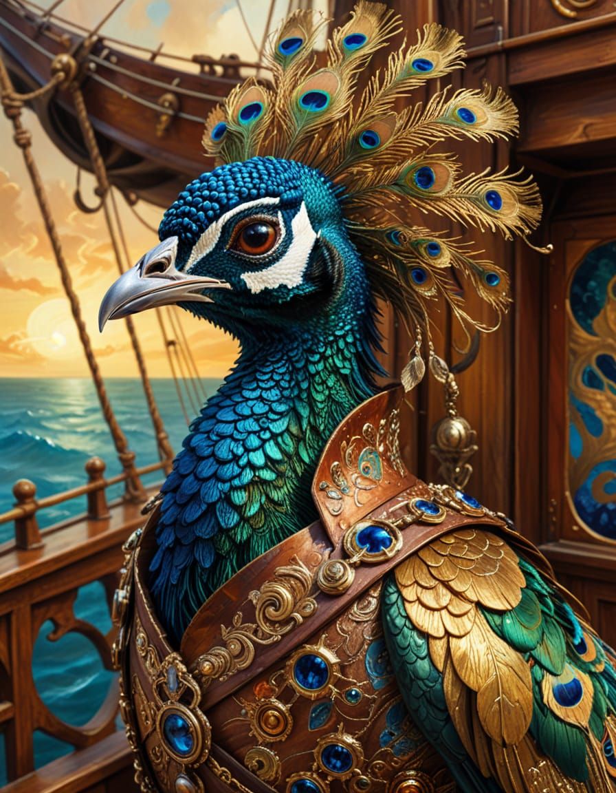 Surreal Peacock Pirate Ship in a Dreamlike Painting