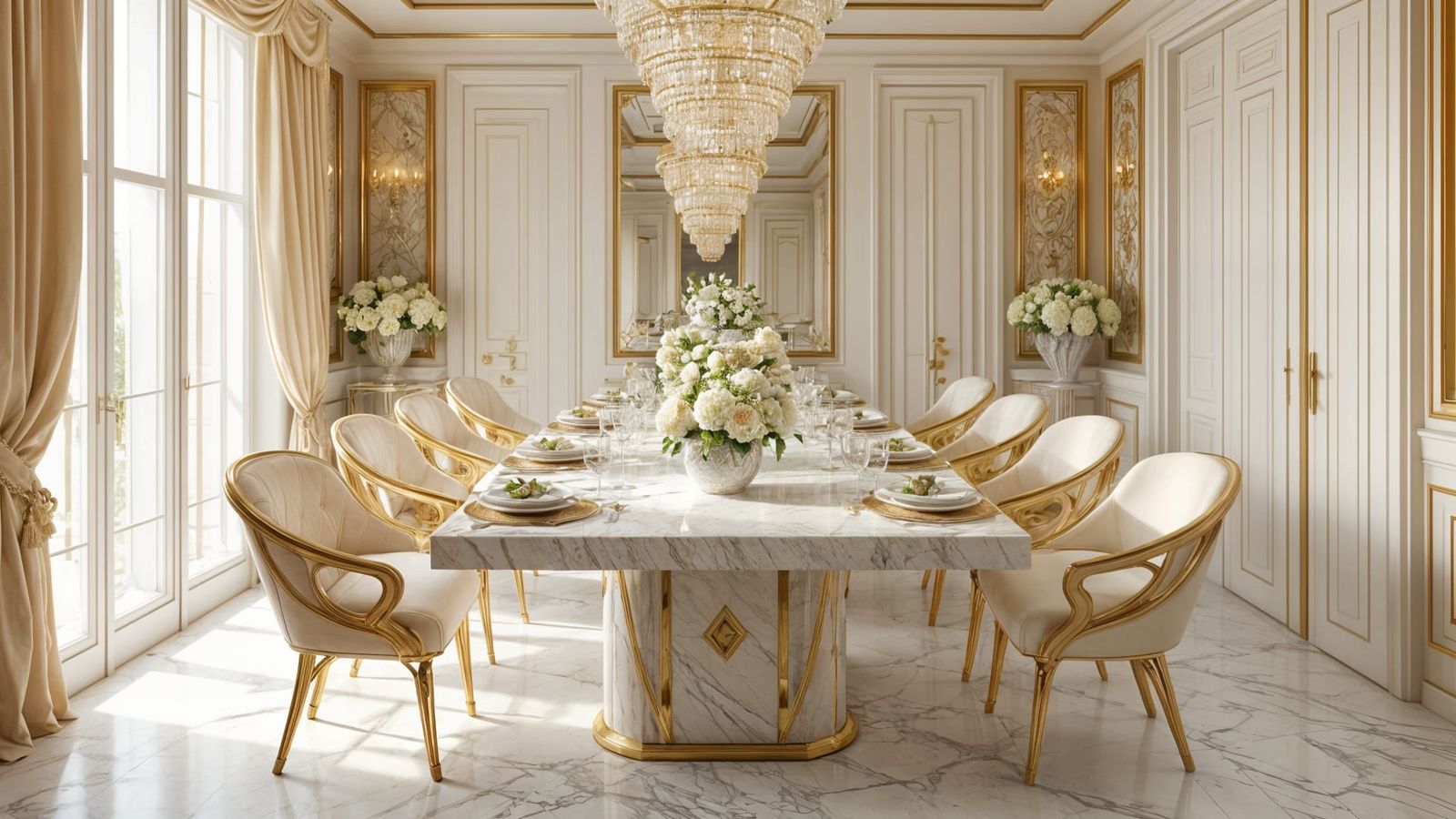 Luminous Art Deco Dining Room with Crystal Chandelier