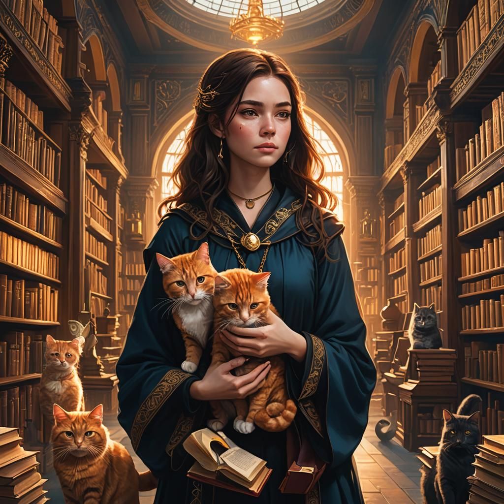 Girl in Library with Cats: Fantasy Matte Painting