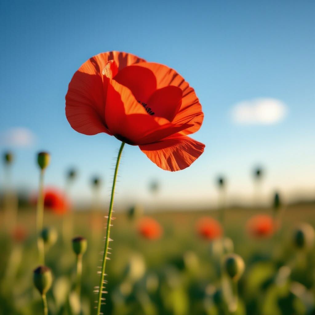 Vibrant Red Poppy in Empty Field at Golden Hour