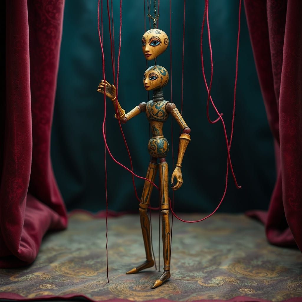 Whimsical Marionette on Velvet Stage
