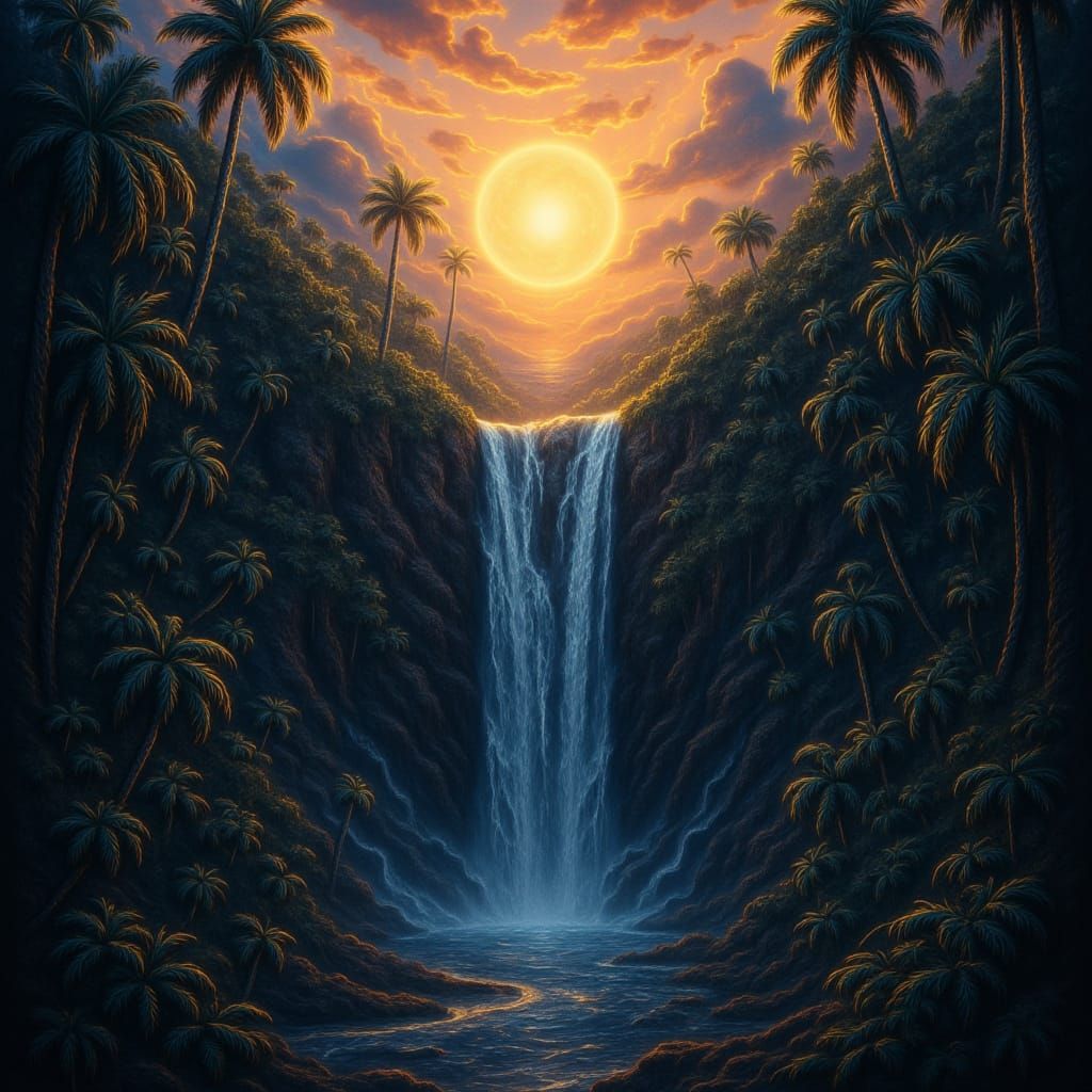 Jungle Waterfall at Sunset