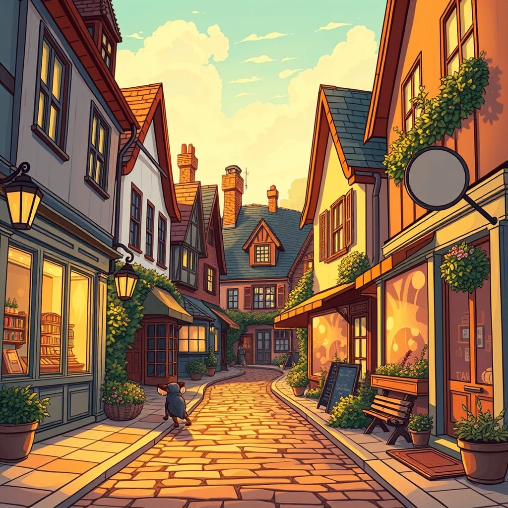 Whimsical Cartoon Street Scene with Golden Lighting