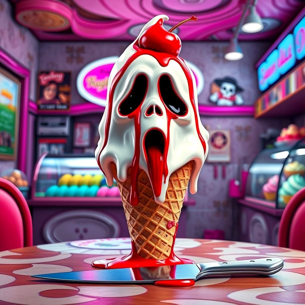 Hyperrealistic Melting Ghostface Ice Cream Cone