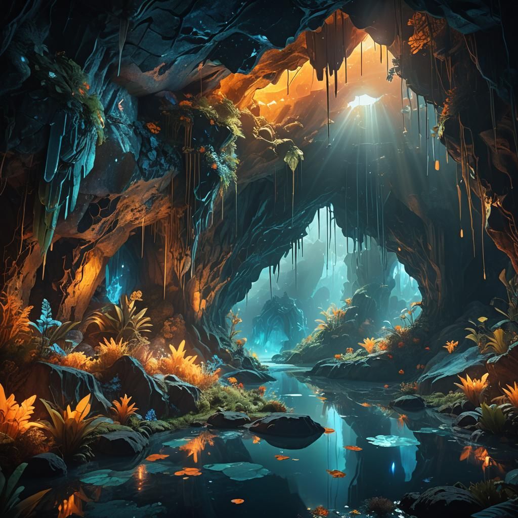 Iridescent Cave Interior: Dreamlike Matte Painting