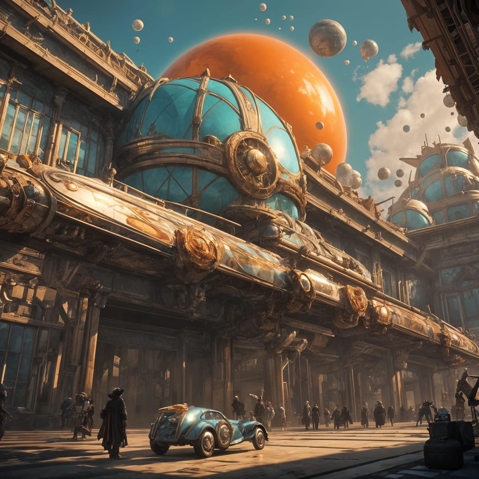 Atomicpunk Cityscape with Chrome Rockets in Space