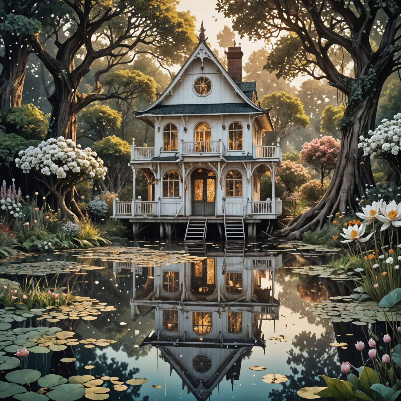 Enchanted Colonial Boathouse on Lake at Sunset