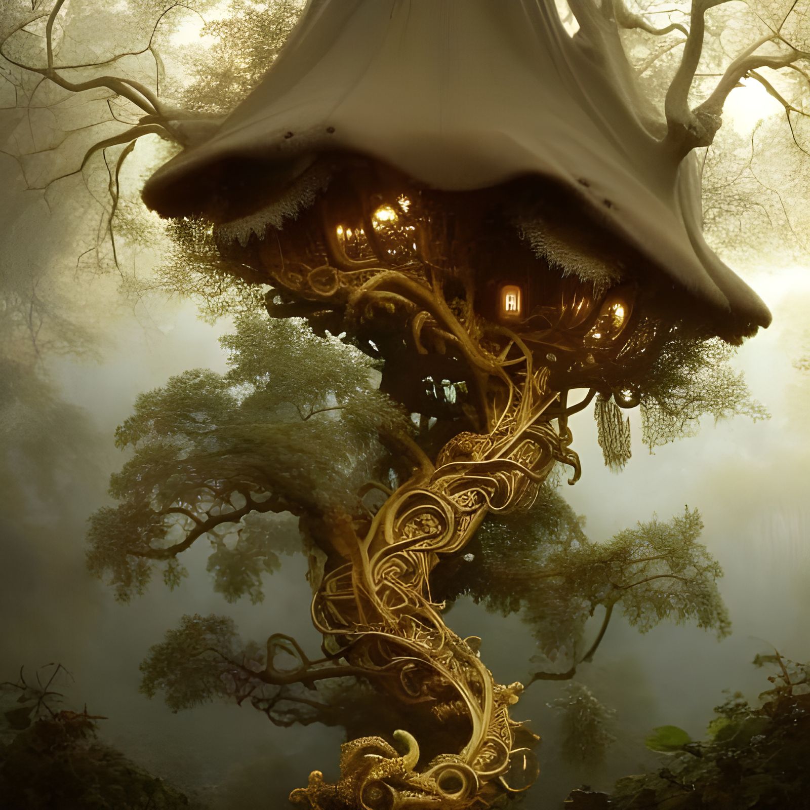 Ornate Treehouse with Gold Trim in Hyperrealistic Style