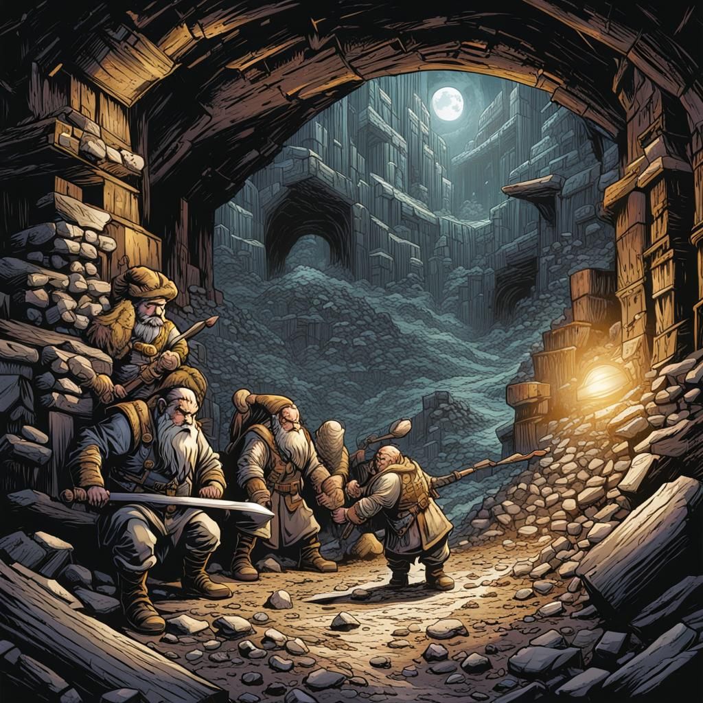 Dwarves Mining Gold: Comic Book Style Art