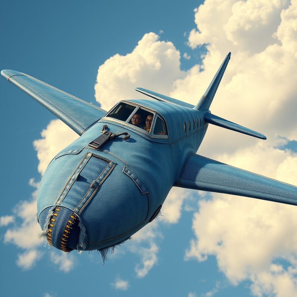 Vintage Denim Airplane Soars Towards You